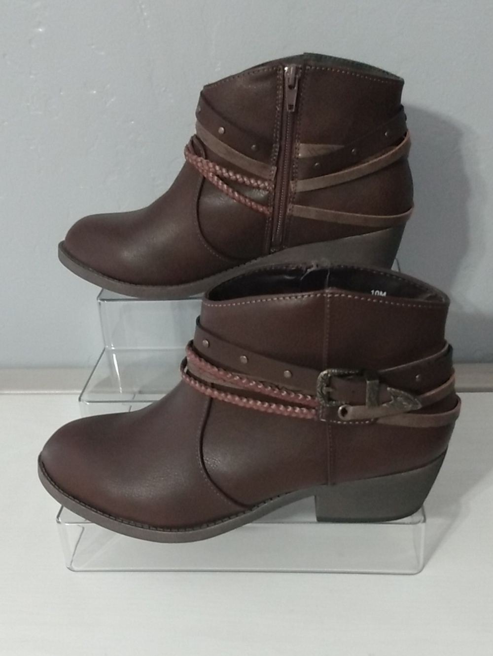 POP Dark Brown Ankle Booties with Braided Strap Detail- WMNS 10M- Clean
